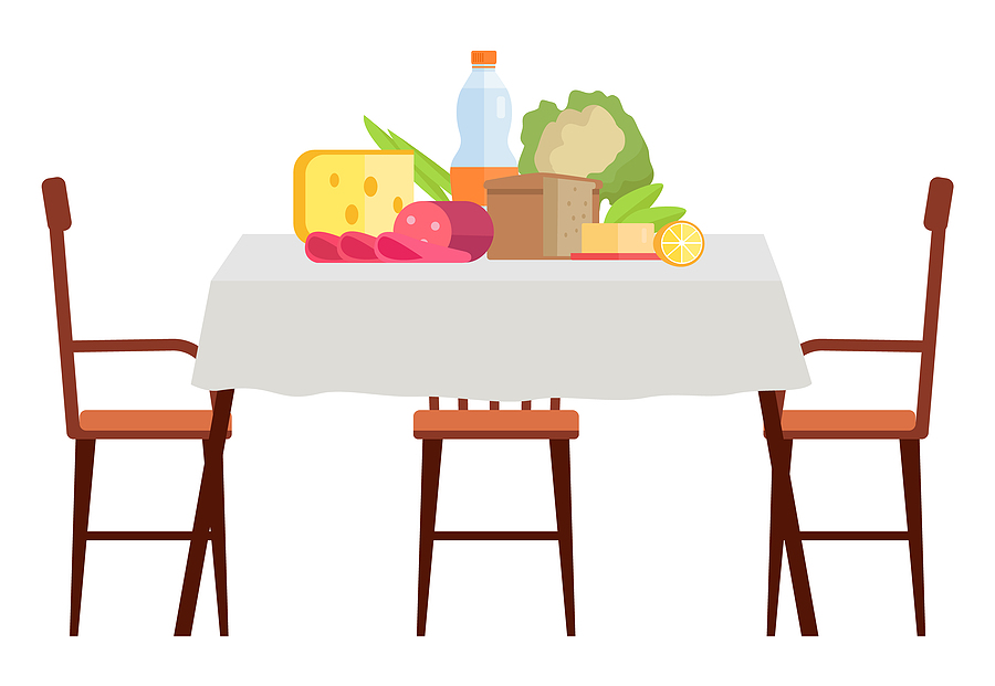 Wooden dining table covered with a table cloth with chairs nearby. Furniture model made of wood for the interior. Arrangement of furniture at home. Table with food isolated on white background